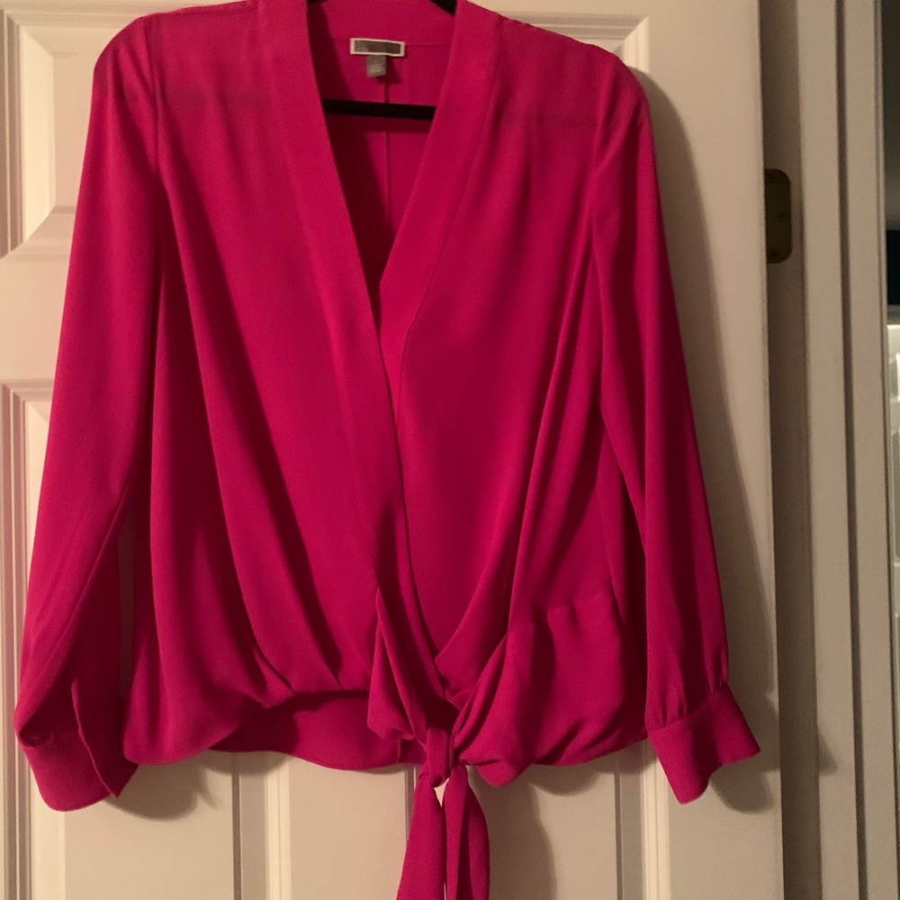 Chelsea28 wrap blouse with tie waist detail. Bright pink, medium.
